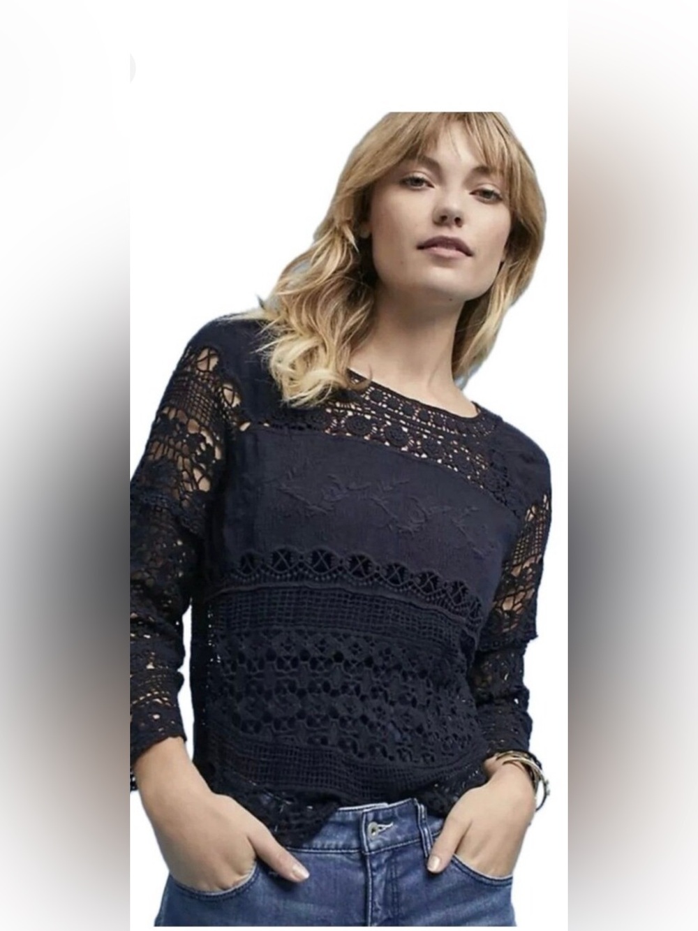 Anthropologie Deletta Crocheted Sweater Navy Long Sleeves Round Neck Boho L 👍